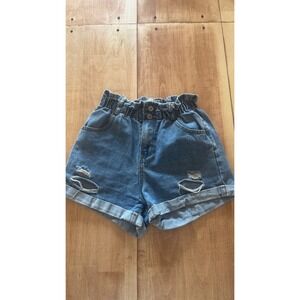 Veveret Women Small Blue Distressed Paperbag Waist Denim Shorts Cuffed High Rise